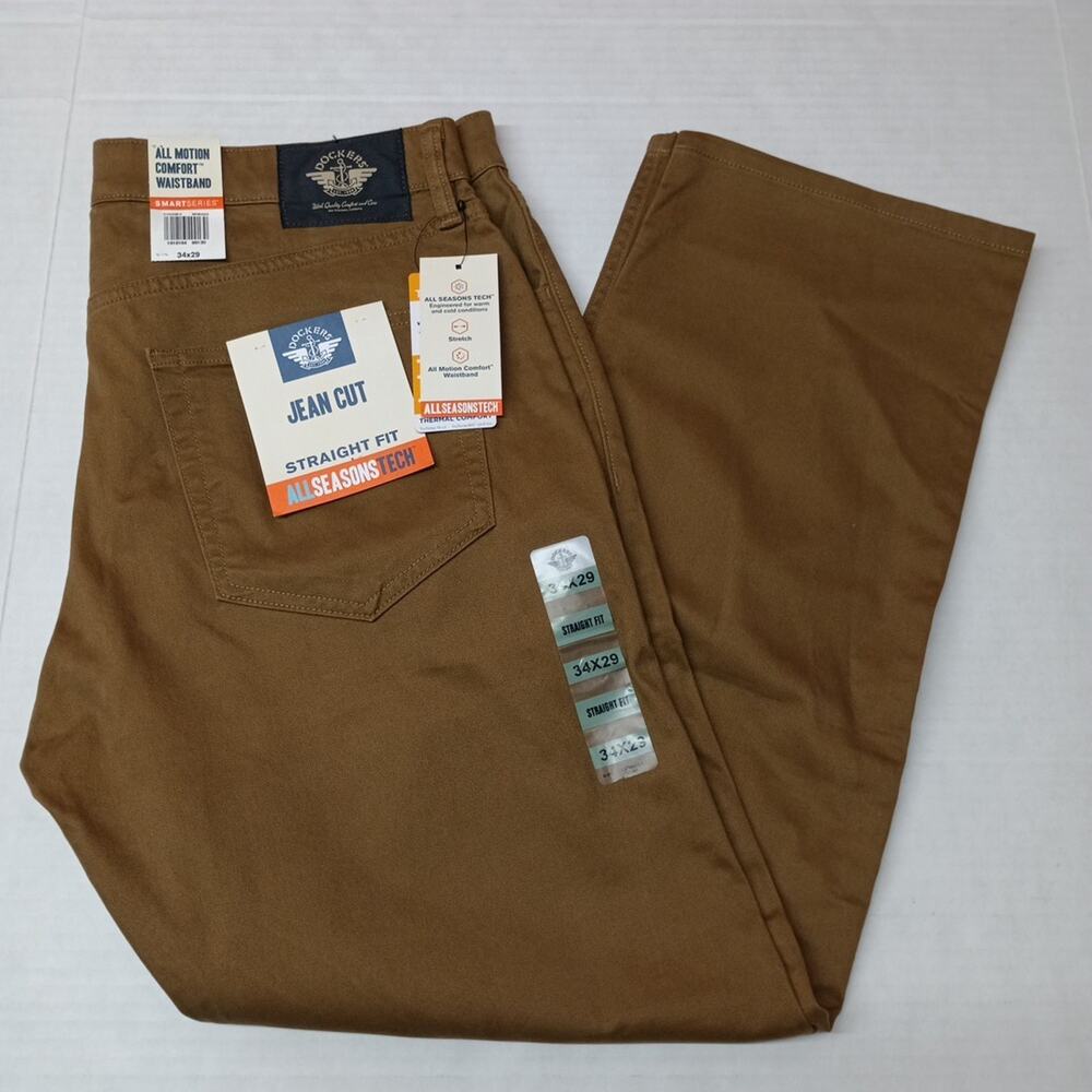 Dockers Pants Men's 34x29 Brown Straight Fit All Seasons Tech‎ Jean Cut Pockets